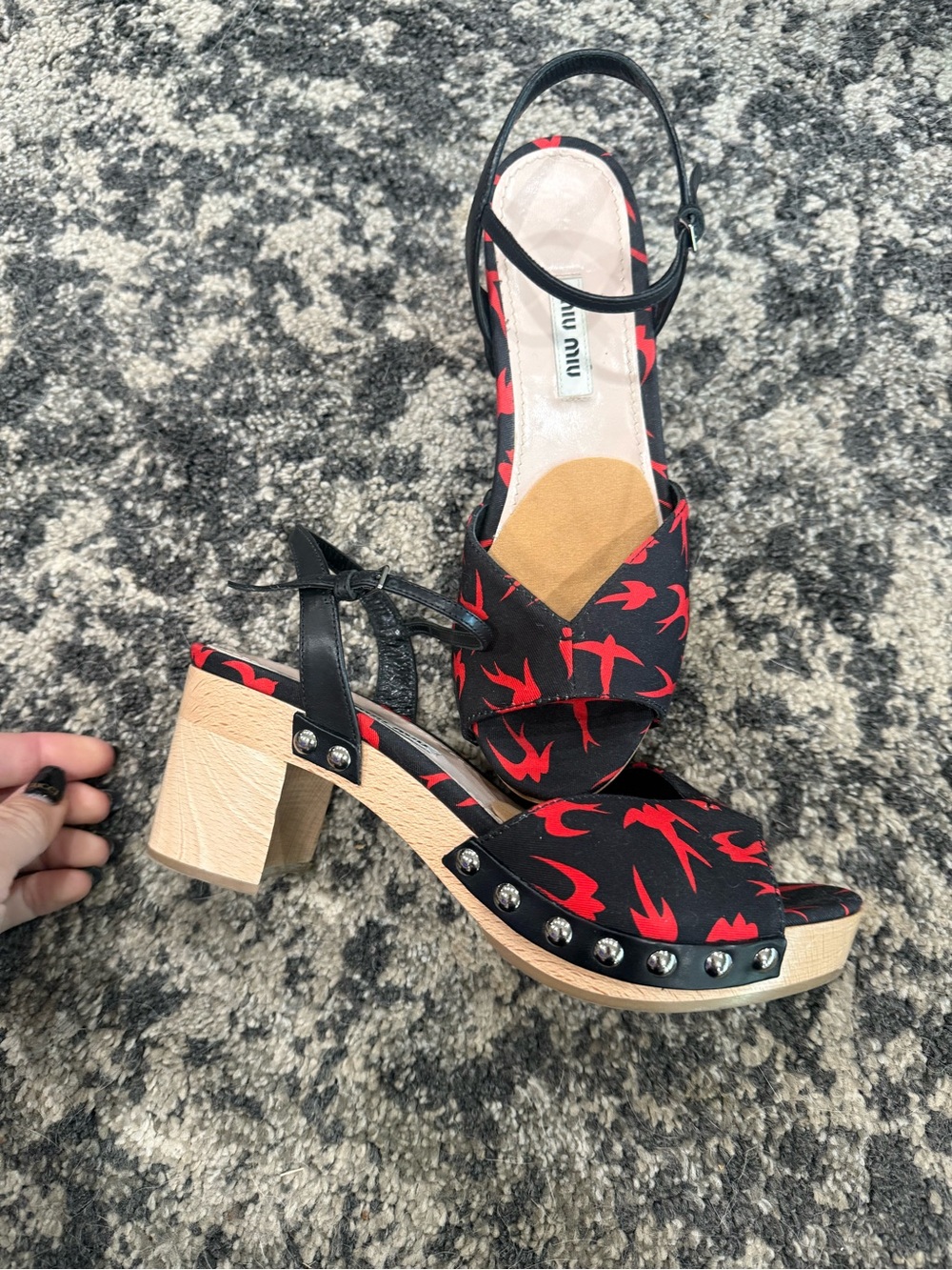 Miu Miu Swallow Print Platform Sandals | Wooden Heel | US 5.5 / EU 35.5
